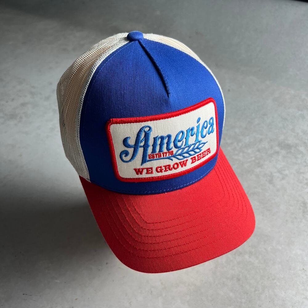 Rural Cloth America We Grow Beer Trucker Hat Blue Red One Size Snapback NWT
